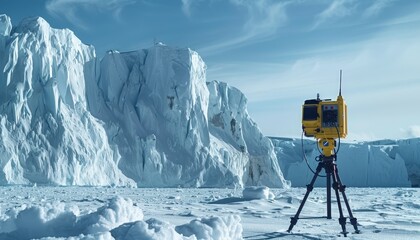 High-tech survey equipment set up in front of towering, icy cliffs and glaciers, capturing detailed data in an arctic environment.