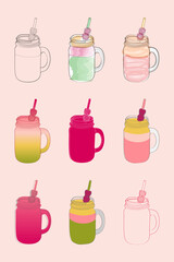A set of nine colorful mason jar smoothies with different fruit toppings, perfect for a refreshing summer drink.