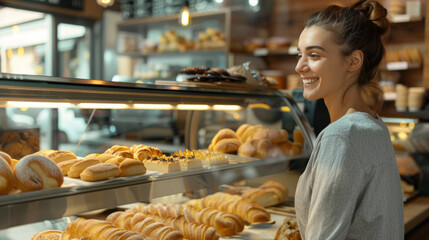 Woman in bakery exudes a whimsical charm, eyeing delightful pastries with anticipation.