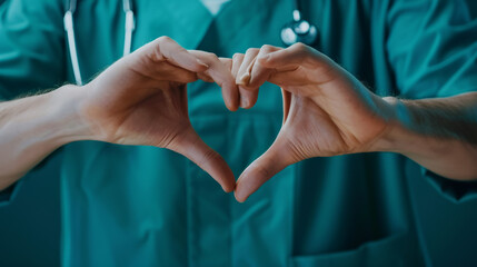 Two doctors form a heart with their hands, symbolizing care and compassion in healthcare.