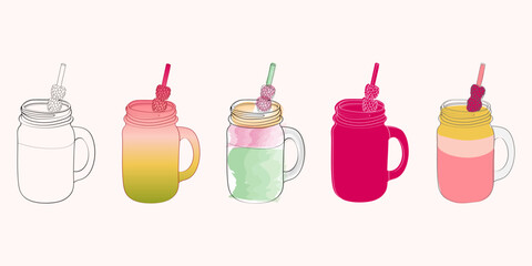 A digital illustration of five mason jars filled with colorful smoothies, each topped with a straw and a few berries.
