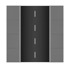 Illustration of a section of street with sidewalk, white stripes and two lanes for cars. Ideal for composition. Top view. Isolated.