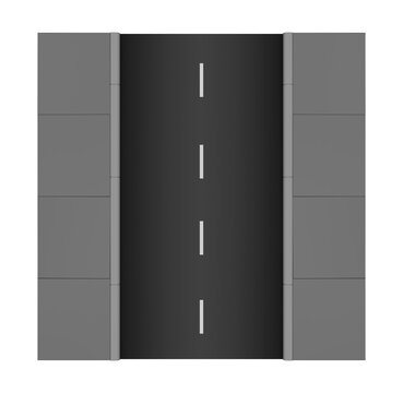 Illustration of a section of street with sidewalk, white stripes and two lanes for cars. Ideal for composition. Top view. Isolated.