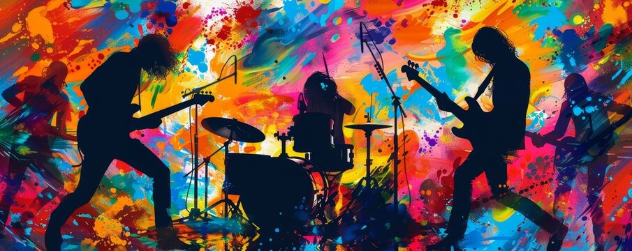 Vibrant silhouette of a band performing on stage against a colorful abstract background, capturing the essence of music and energy.