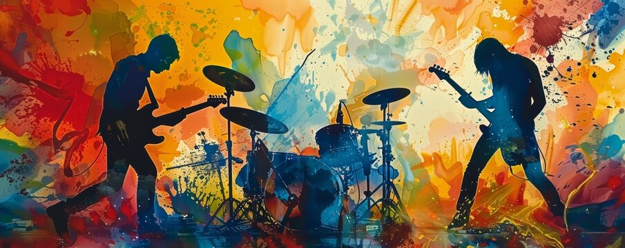 Vibrant watercolor painting of a rock band performing on stage with colorful splashes, capturing the energy and spirit of live music.