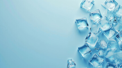 Scattered ice cubes glow subtly on a refreshing cool blue surface.