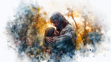 Fototapeta premium Digital watercolor painting of Jesus Watercolor painting, Jesus comforting a grieving family in a modern cemetery, soft light filtering through trees, serene and compassionate mood