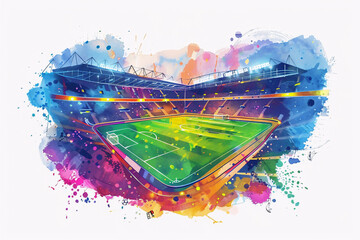 Copy space in watercolor style graphics with colorful football stadium for t-shirt prints. for fashion graphics, sport illustrations, silkscreen printing and home decor. Summer Olympic Games in France
