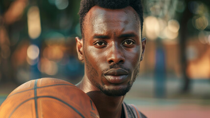 Intense gaze of a basketball player holding the ball on an outdoor court, ready for action.