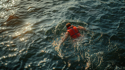 A person wearing a red life jacket swims in glistening water during golden hour, creating ripples with each stroke.