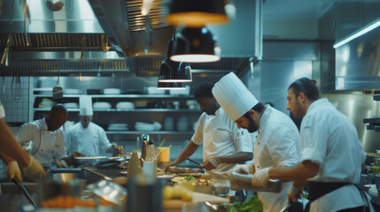 Team of chefs working intensely in a bustling commercial kitchen.
