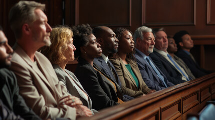 Diverse jurors engaged in court proceedings, embodying the gravity of justice.