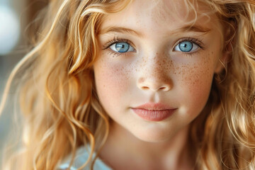 Naklejka premium Portrait of a little beautiful blonde girl with loose hair and blue eyes. Generated by artificial intelligence