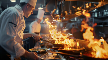 A chef in a bustling kitchen skillfully handles a sizzling pan with flames dancing, showcasing his culinary expertise and the dynamic environment.