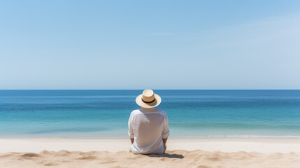 man with hat sitting on beach sand. summer and vacation