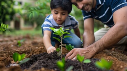 A father and son planting a tree together in their garden, with soil and a small sapling in focus.