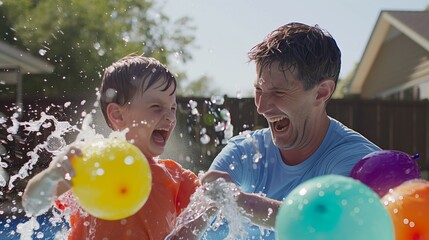 A father and son having a water balloon fight in their backyard, with water splashing and both laughing.