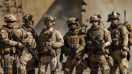 Soldiers in uniform standing resolute against a stark, battle-scarred backdrop.