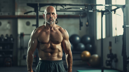 Fototapeta premium Muscular man with focused expression standing in a well-equipped gym.