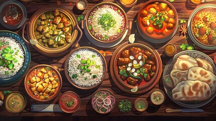 Top view of a variety of delicious and colorful Indian dishes served in traditional bowls on a wooden table.