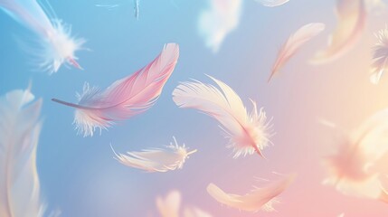 Soft and colorful feathers gently floating in the air, creating a dreamy and ethereal atmosphere. Ideal for nature and abstract themes.