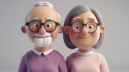 3D cartoon illustration of an elderly couple. glasses and gray hair. white beard, purple sweater, short hairstyle, pink sweater, friendly, smiling expressions
