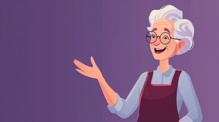 cute cartoon illustration of an elderly woman with white hair, wearing large round glasses, a blue shirt, a red apron, and black pants. cheerful expression and stands against a light purple background
