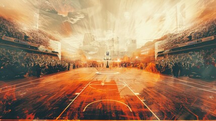 a double exposure an empty basketball court and a basketball stadium full of cheering fans 