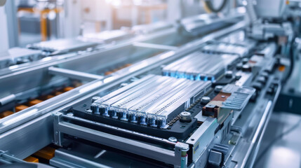 EV Battery Module for Automotive Industry on Production Line. Lithium-ion High-voltage Battery for Electric Vehicle or Hybrid Car. High Capacity Battery on Conveyor.