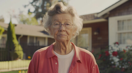 Closeup serious senior woman posing at camera in summer garden. Female model standing outdoors alone