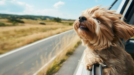 A cute dog smiles and sticks its head out of the car window while driving on an open road on a sunny day