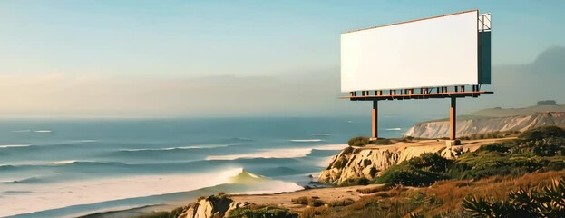 A video clip of a large billboard on a scenic coastal cliffside, with the ocean waves crashing below and empty space for text.