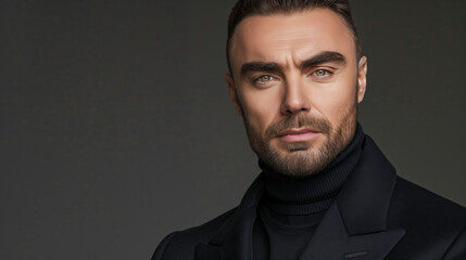 Obraz premium Portrait of a handsome man in a black turtleneck and suit, isolated on a grey background with copy space, short hair, beard