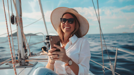 Joyous woman in a hat captures a selfie while sailing on a sunlit sea.