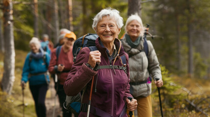 Nature, hiking and happy senior friends bonding, talking and laughing at comic joke in forest. Happiness, fun and group of elderly people trekking together for health, wellness and exercise in woods.