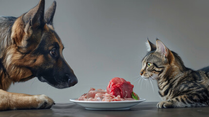 Curious dog and cat eyeing a plate of raw meat, contemplating a shared meal.