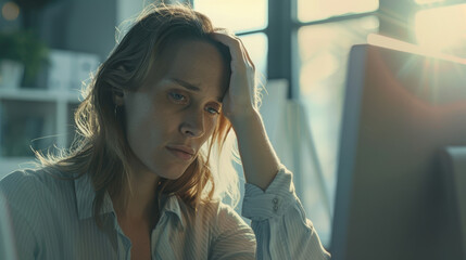 Woman pondering deeply in front of her computer, bathed in golden light.