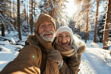 elderly man with a white beard and a young woman, both wearing winter clothing and beanies, taking a selfie in a snowy forest. smiling, enjoying their outdoor adventure in the winter landscape