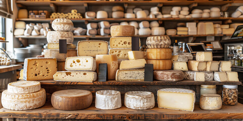 Fototapeta premium Cheese shop with shelves filled with an array of cheese heads as the backdrop. Small cheese dairy business concept.