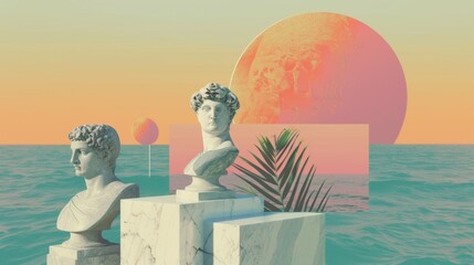 Enjoy a surreal ocean sunset with classical statues and a palette of pastel colors