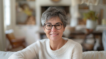 Fototapeta premium Thoughtful senior lady sitting at home, reminiscing and recalling fond memories, close up portrait.