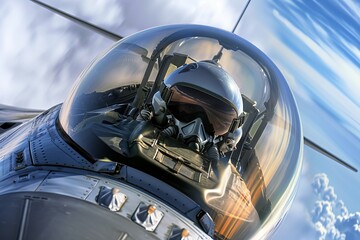 A pilot sits in the cockpit of a fighter jet.