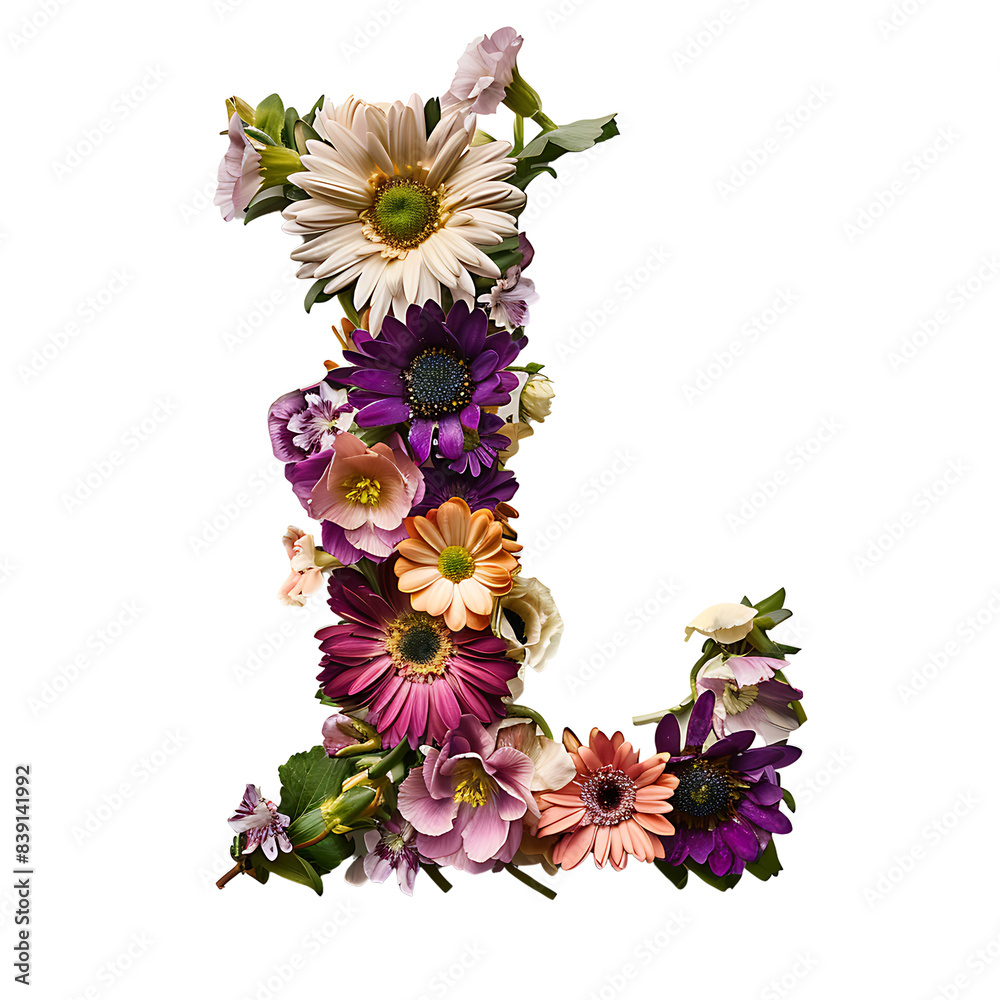 Fototapete elegant shot of text letters l crafted in flowers on a clean, isolated on transparent background