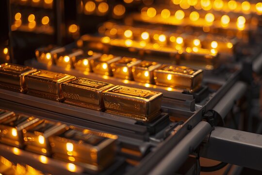A close up of gold bars in a vault.