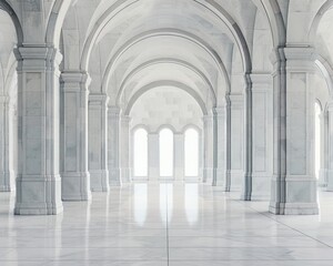 A long, white hallway with arched columns and a bright light at the end