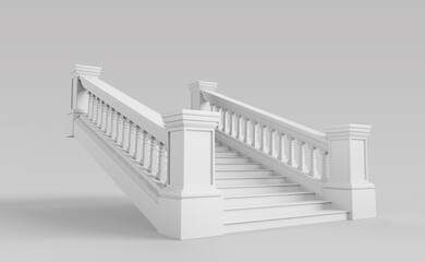 White stone or marble staircase with balustrade isolated on background. Realistic 3d mockup stair with steps, pillars, columns, balusters, handrails and base. Architecture element. 3D illustration