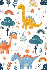 dinosaur pattern illustration with rainbow and trees