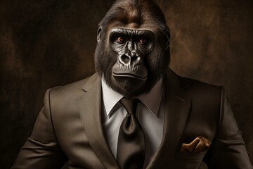 Sophisticated and dignified gorilla in a stylish suit. A digital art portrait of a well-dressed and elegant anthropomorphic primate. Showcasing creativity and imagination in a business attire concept