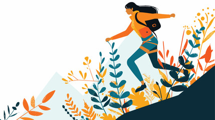 Young female hiker climbs hill amidst colorful foliage, showcasing adventure, fitness. Woman backpacking, trekking up mountain, nature exploration, outdoor lifestyle. Dynamic illustration solo