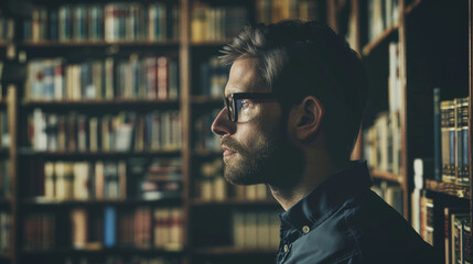 Fototapeta premium A thoughtful person with glasses stands in front of a bookshelf, deep in contemplation, within a cozy library setting.